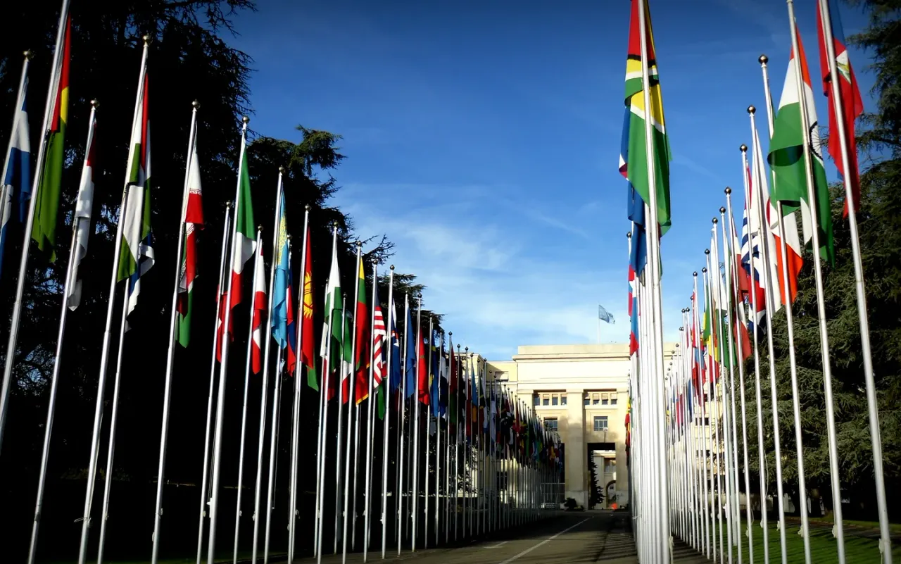 National flags outside the Palais des Nations in Geneva